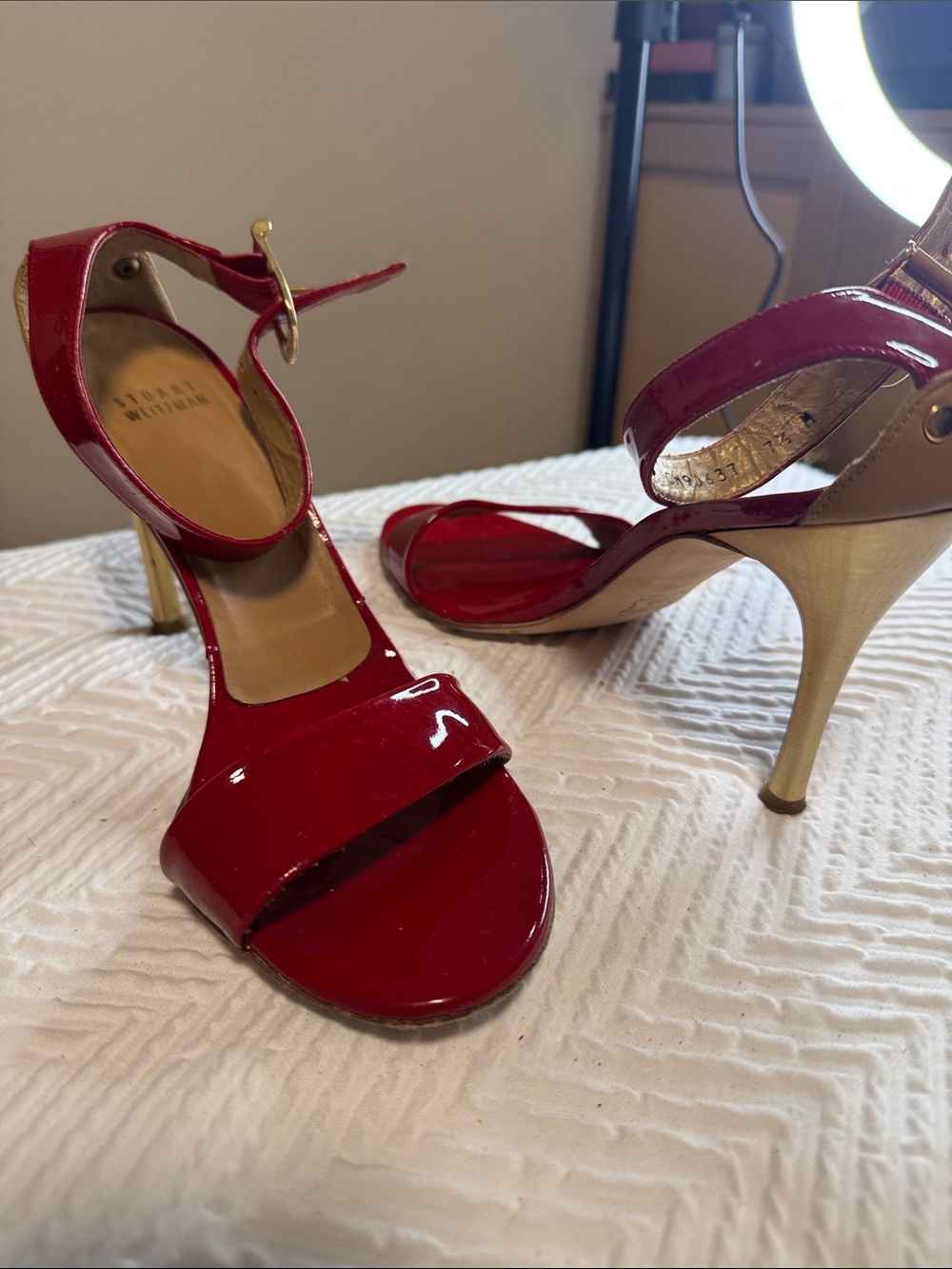Stuart Weitzman Red Patent Ankle-Strap Stiletto Sandals with Gold Heel